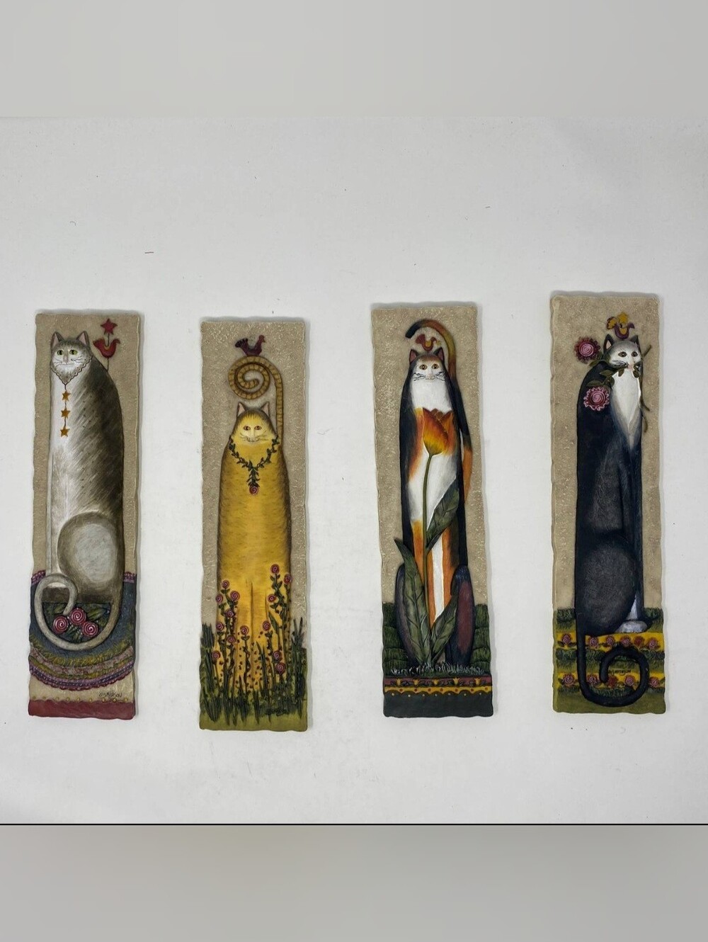 VINTAGE E SMITHSON HANGING CAT PLAQUE FOLK ART Set Of 4 10.75 X 2.75 Inches